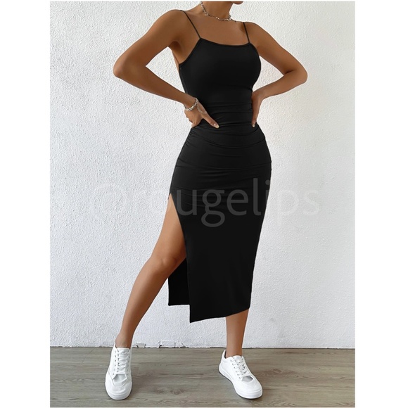 Twisted Back Cami Spaghetti Strap Black Midi Dress High Leg Slit - Picture 10 of 16